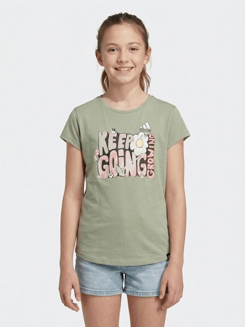 adidas Girls "Keep Going Keep Growing" Graphic T-Shirt Olive Green Size L NWT